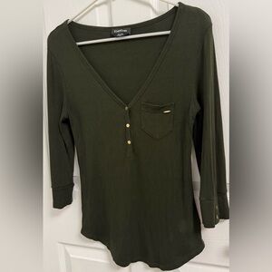 Bebe Dark Green 3/4 Sleeve V-Neck Top